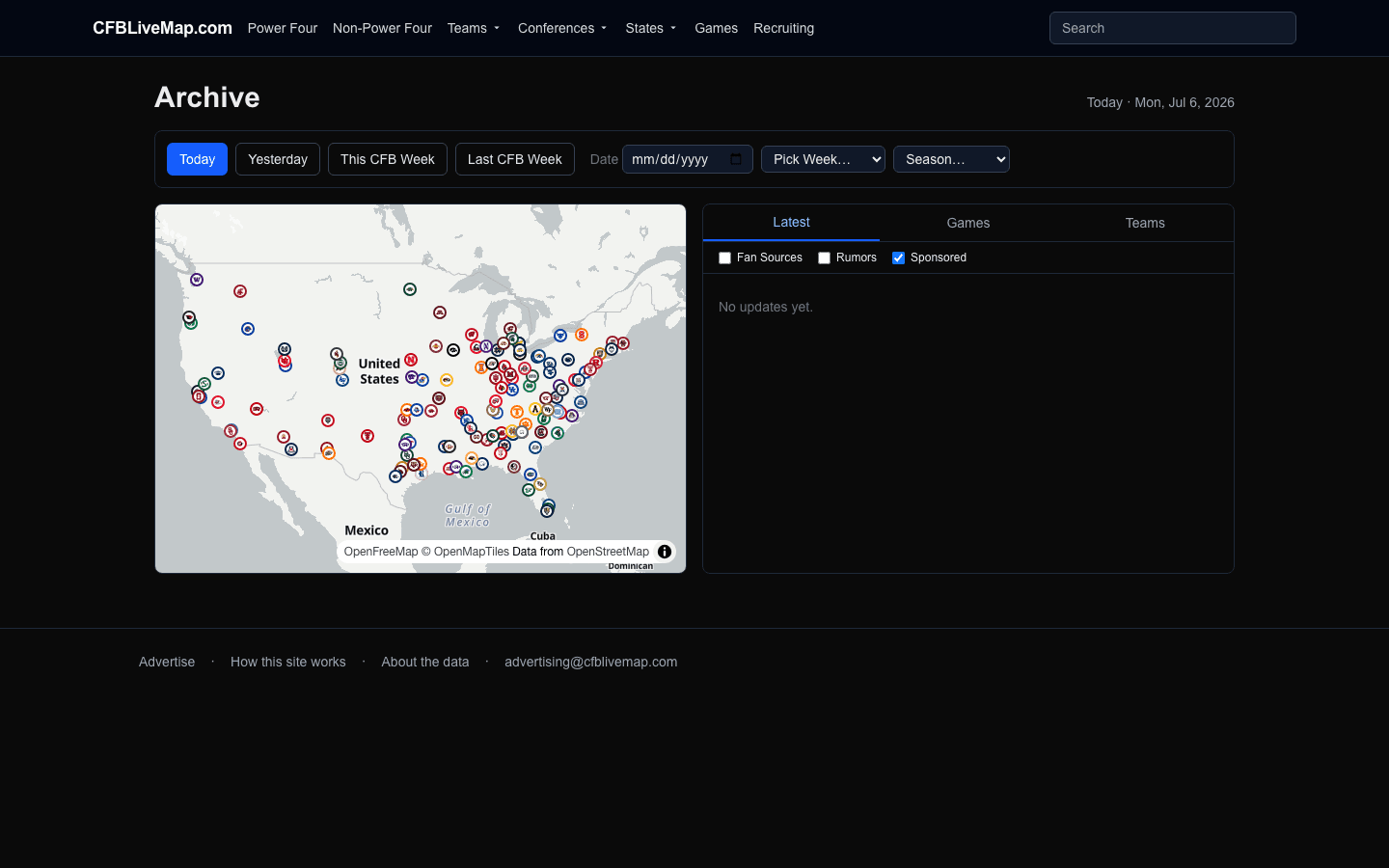 The archive page: Today / Yesterday / CFB-week / season date controls above a map and feed reflecting the selected date.