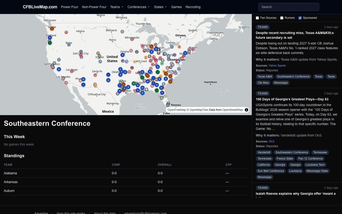 The SEC conference page: a conference-scoped map and feed above the standings table.