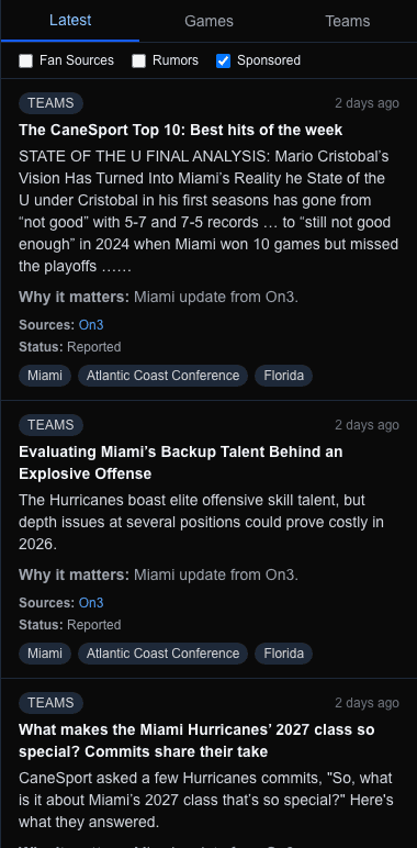 The live feed panel: story cards showing a Why-it-matters line, source links, a status label, and the Fan / Rumors / Sponsored toggles at the top.