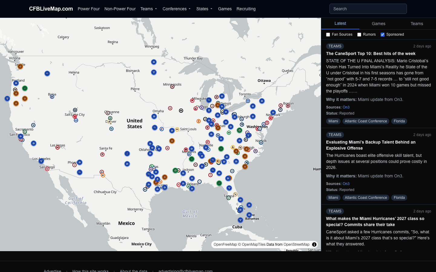 The CFBLiveMap homepage: a national map covered in school-color helmet pins and typed story markers, with the live feed on the right.