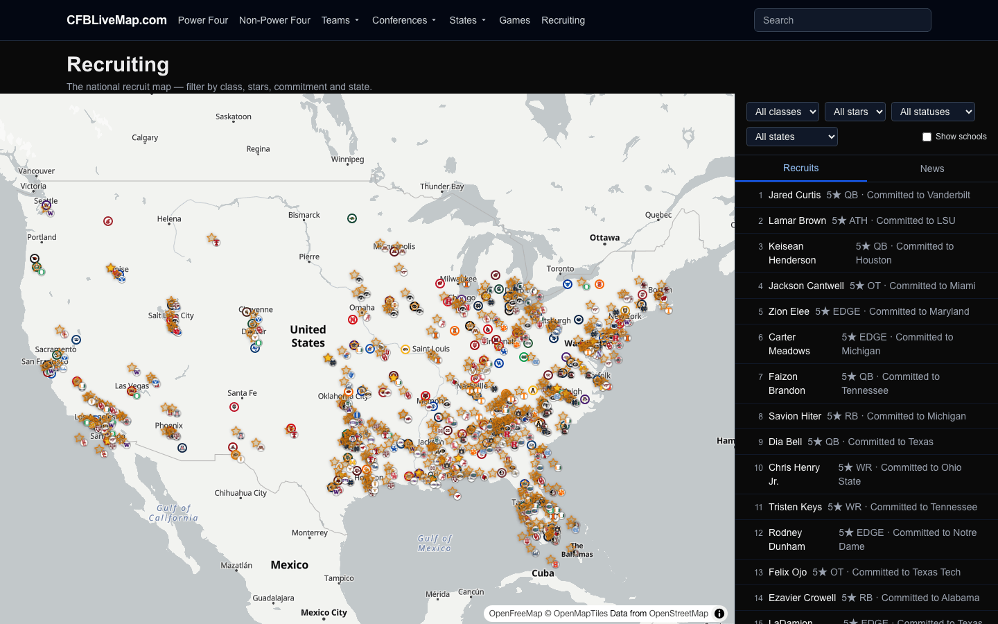 The recruiting page: a national map dotted with gold and amber star pins at recruits’ hometowns, beside a ranked list of 4- and 5-star prospects.