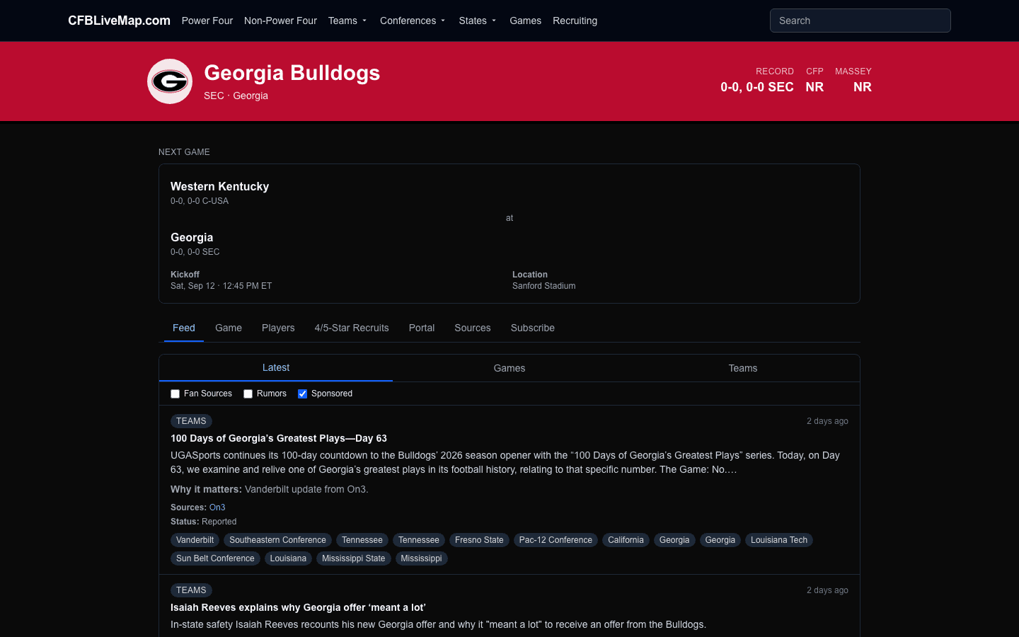 The Georgia Bulldogs school page: a red school-color header with the team logo, record and ranking stats, and a tab bar over the primary game card.