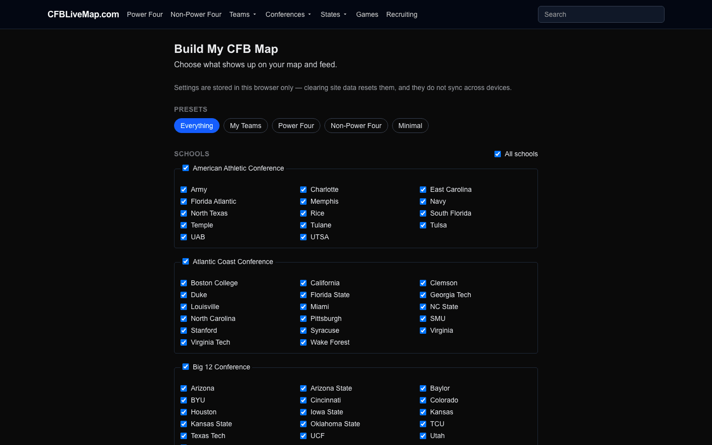The Build My CFB Map checklist: preset buttons over a grid of conference and school checkboxes, all saved in the browser.