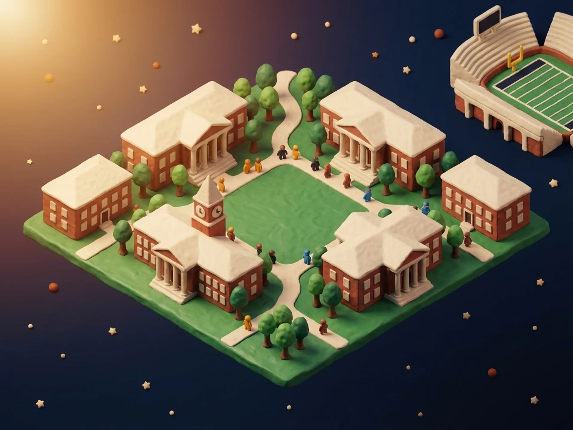 An aerial clay college campus diorama: a green quad, brick buildings, a clock tower and a small stadium in the far corner.