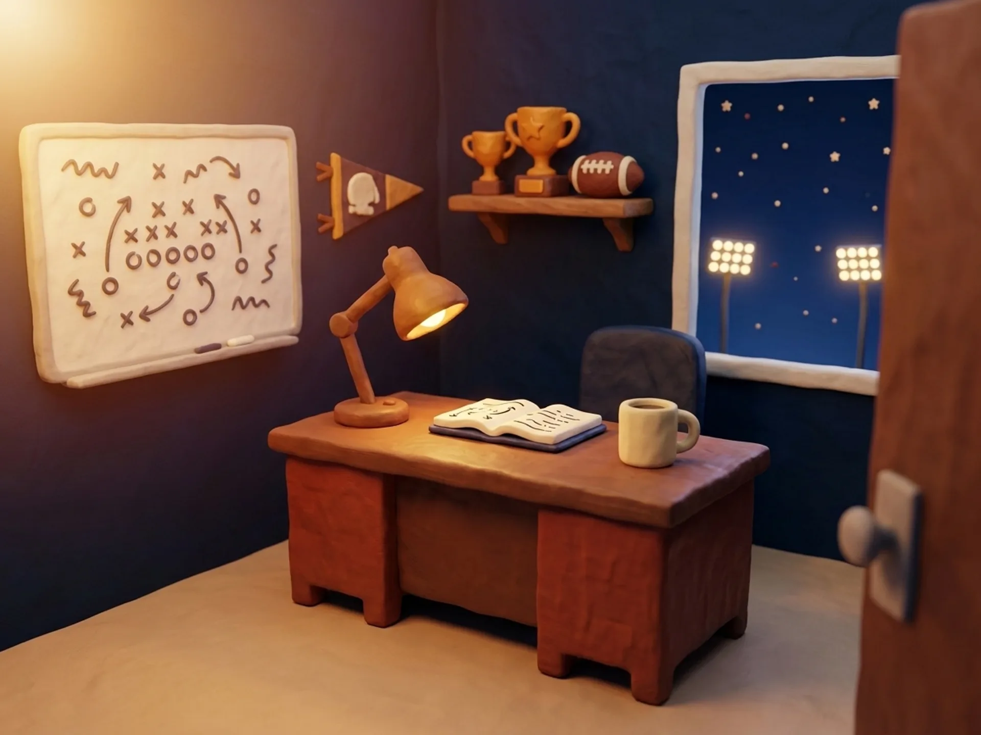A clay coach office interior: a wooden desk, a whiteboard of Xs and Os, and a trophy shelf, lit by a warm desk lamp.