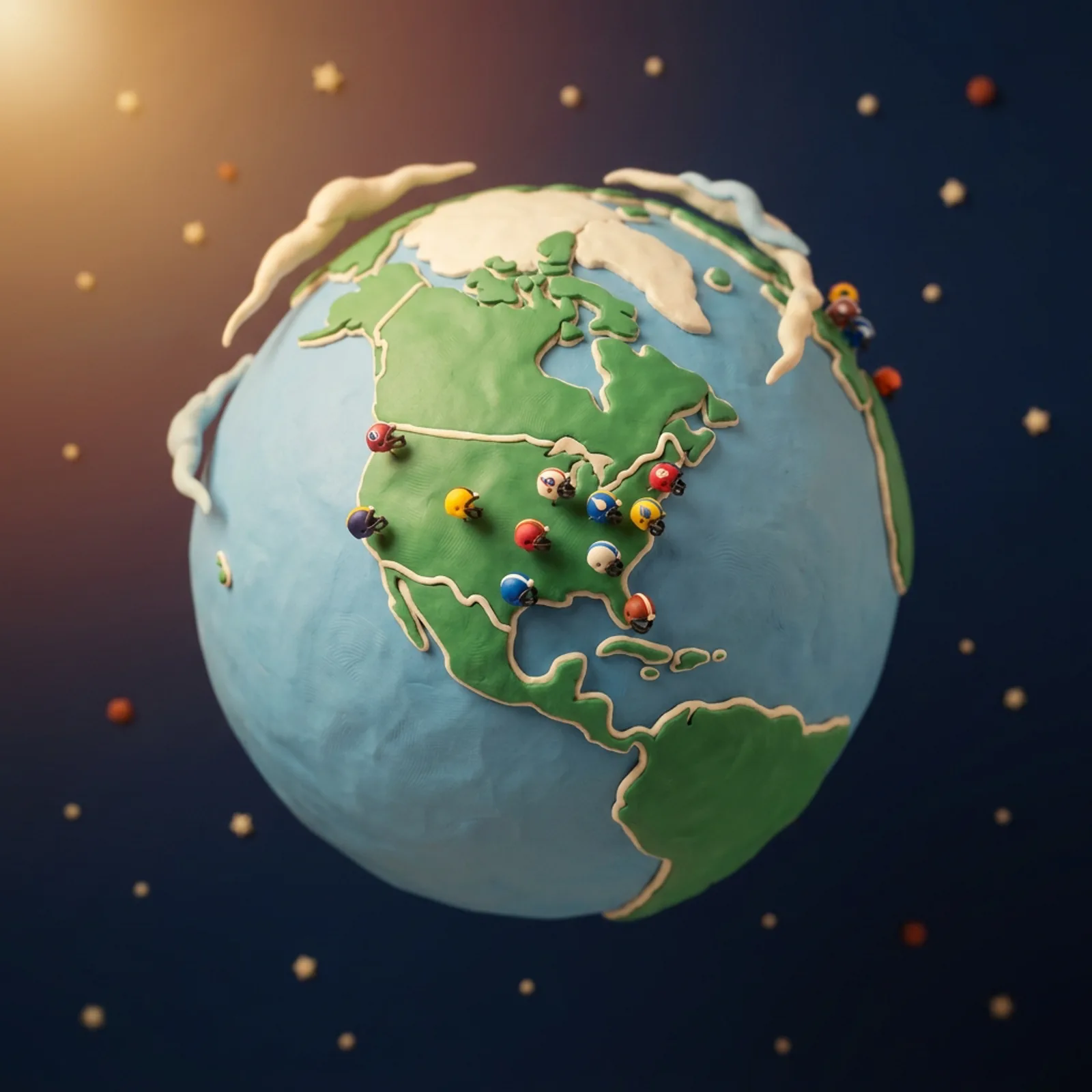 A clay planet Earth with tiny helmet pins stuck across the United States, floating in navy space.