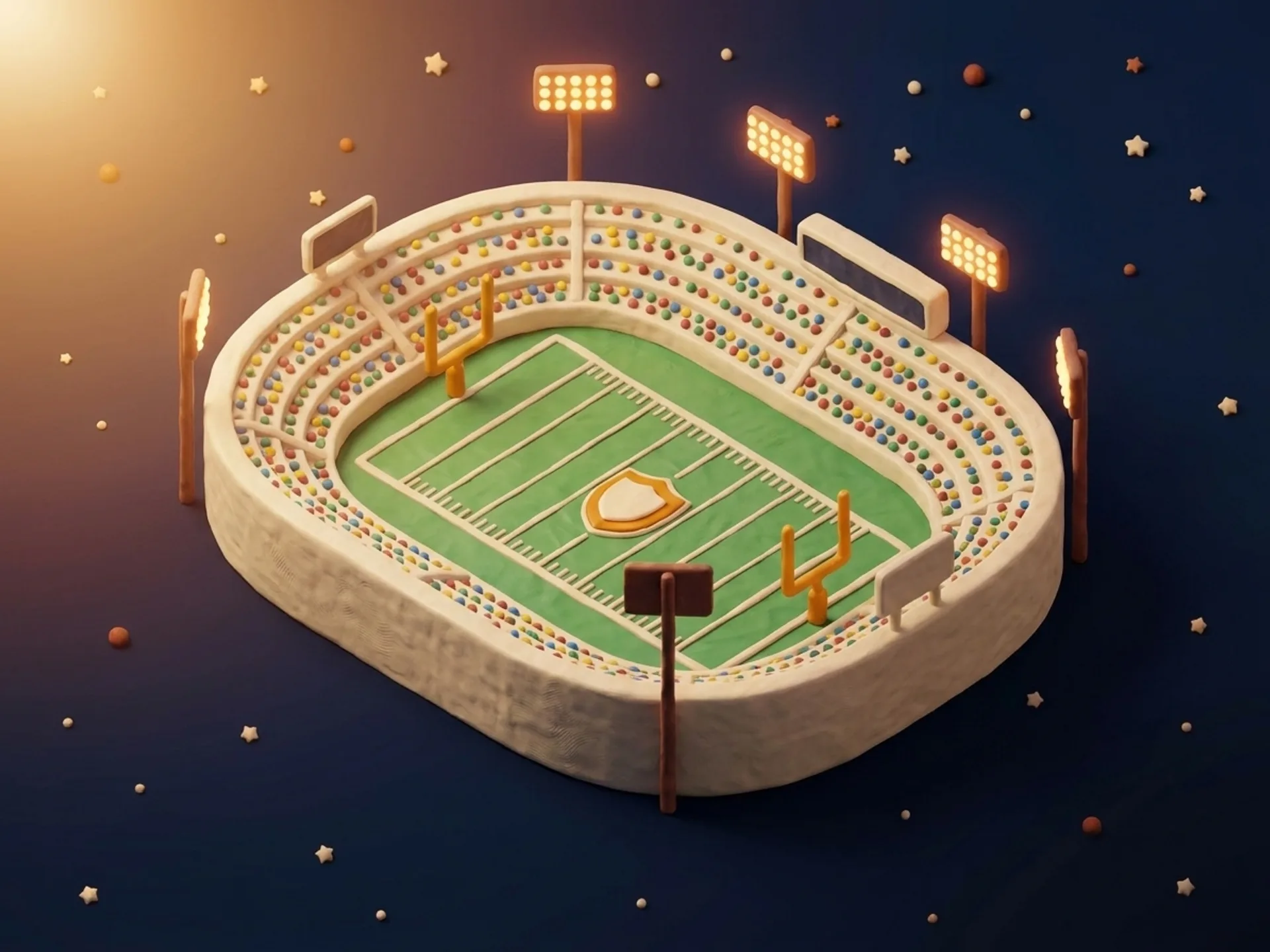 A clay college football stadium bowl packed with tiny multicolored clay fans under evening lights.
